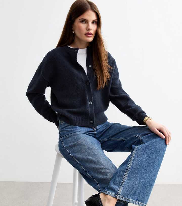 Navy Soft Knit Crew Neck Cardigan | New Look
