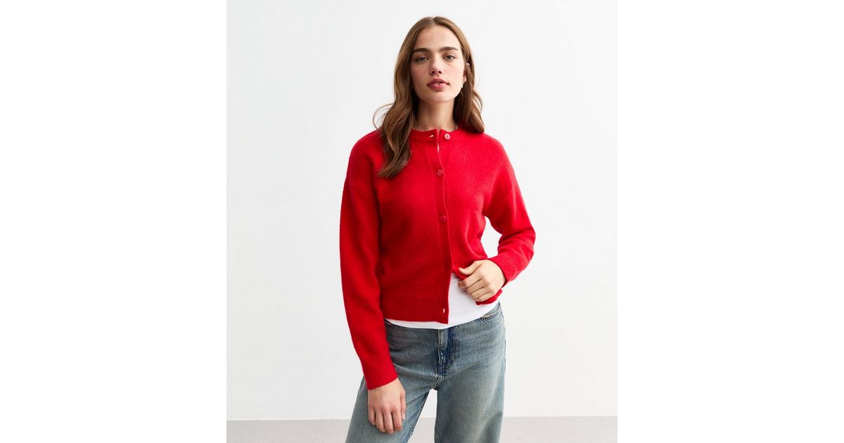 Red Soft Knit Crew Neck Cardigan New Look