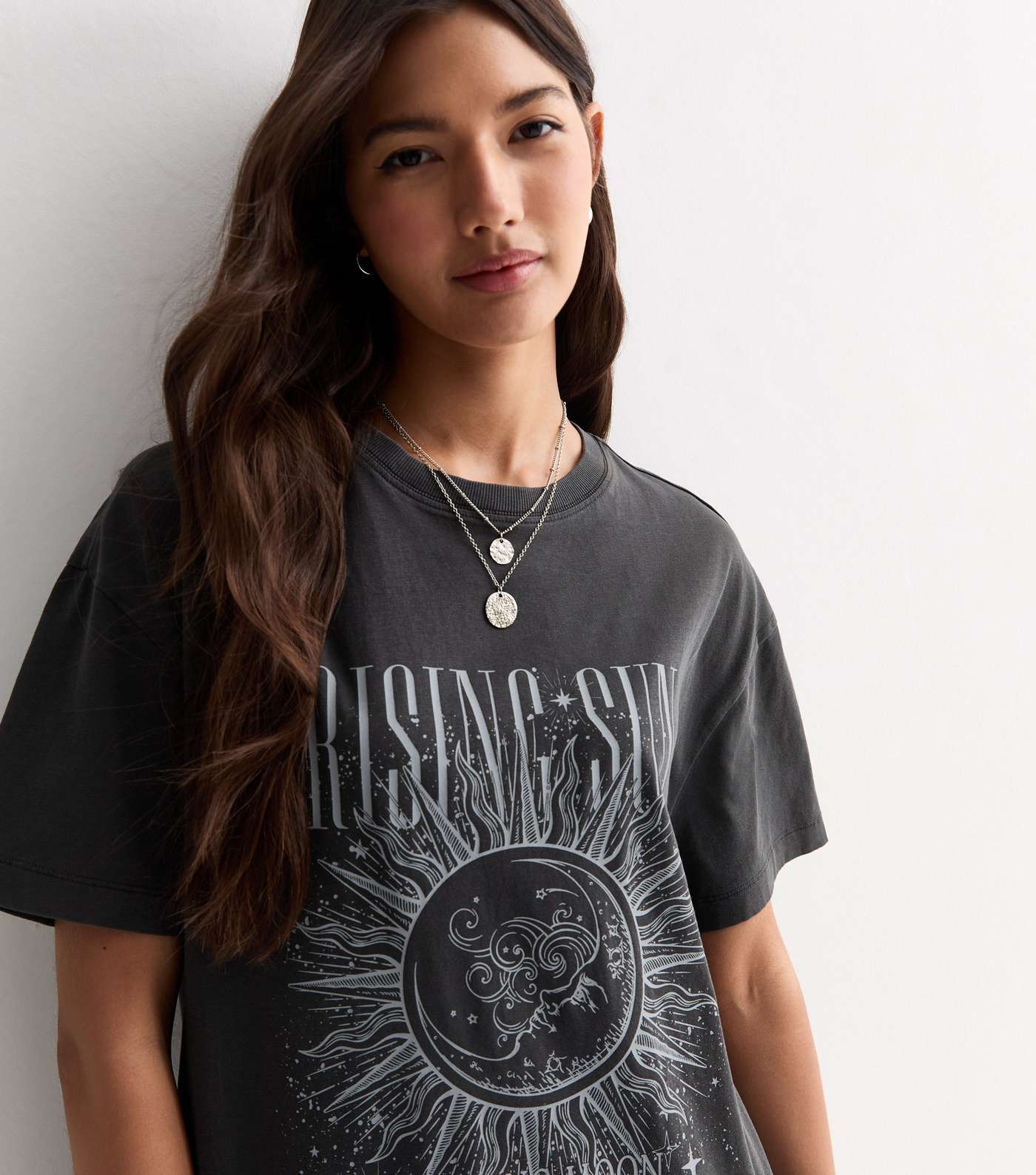Grey Rising Sun Graphic Print Oversized T-Shirt Image 2