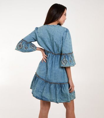 Blue Vanilla Pale Blue Embroidered Denim Mini Dress New Look