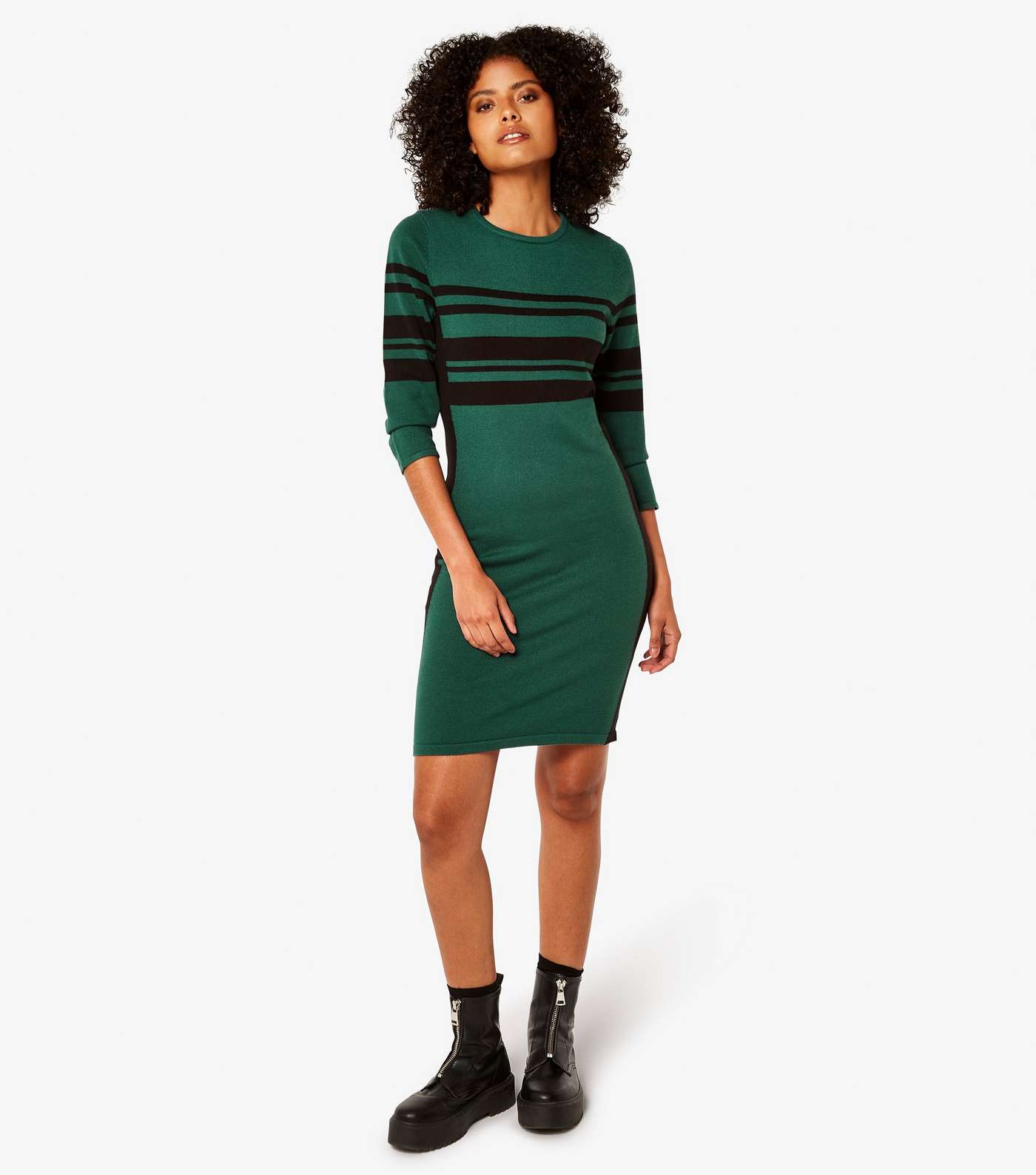 Apricot Green Stripe Panel Knit Mini Bodycon Dress Image 2