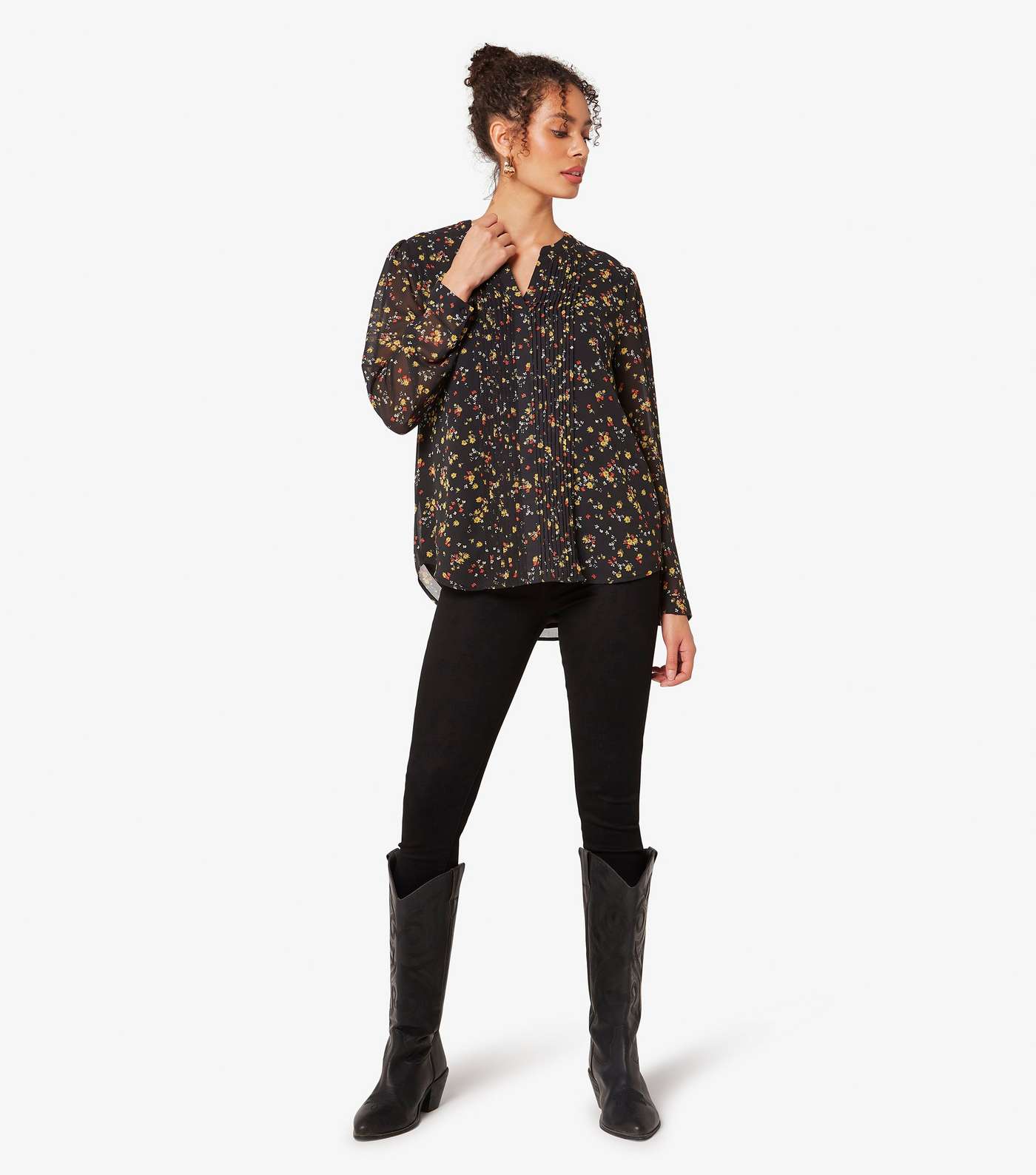 Apricot Black Ditsy Floral Long Sleeve Top Image 2