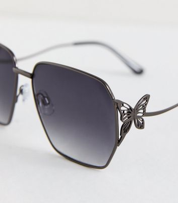 Black Metal Frame Butterfly Sunglasses New Look