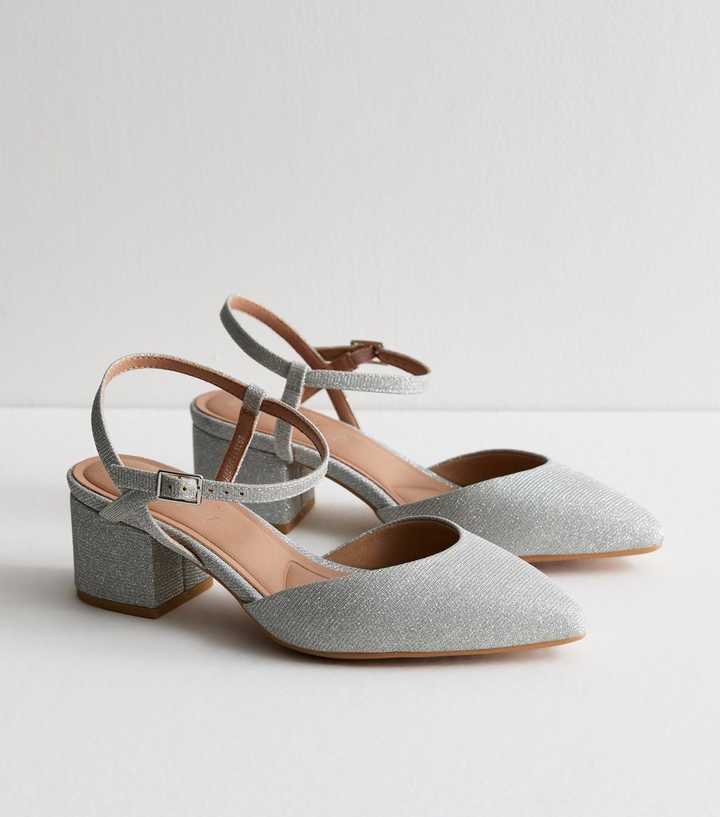 Extra Wide Fit Silver Shimmer Block Heel Court Shoes