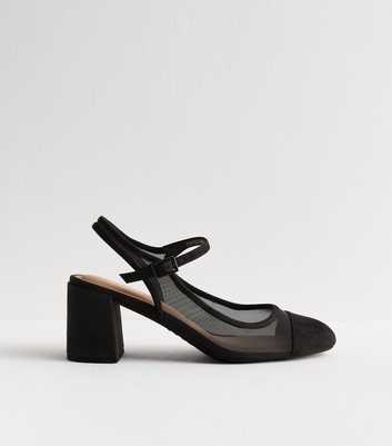 Black Mesh Mary Jane Slingback Block Heel Shoes