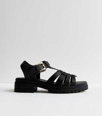 Black Leather Look Chunky Fisherman Sandals 