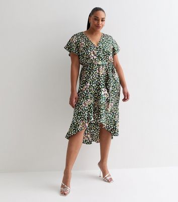 Green animal print wrap dress online