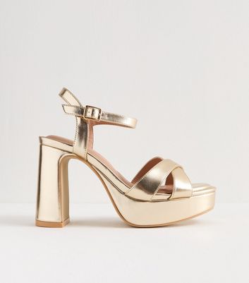 Wide Fit Gold Platform Heeled Sandals New Look