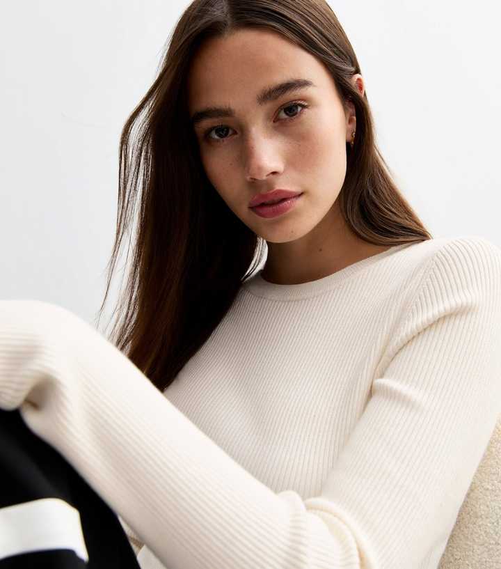 Off White Rib Knit Crew Neck Jumper 