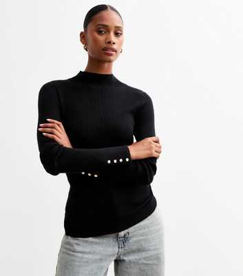 Black Ribbed Buttoned Cuff Jumper