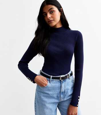 Navy Ribbed Buttoned Cuff Jumper