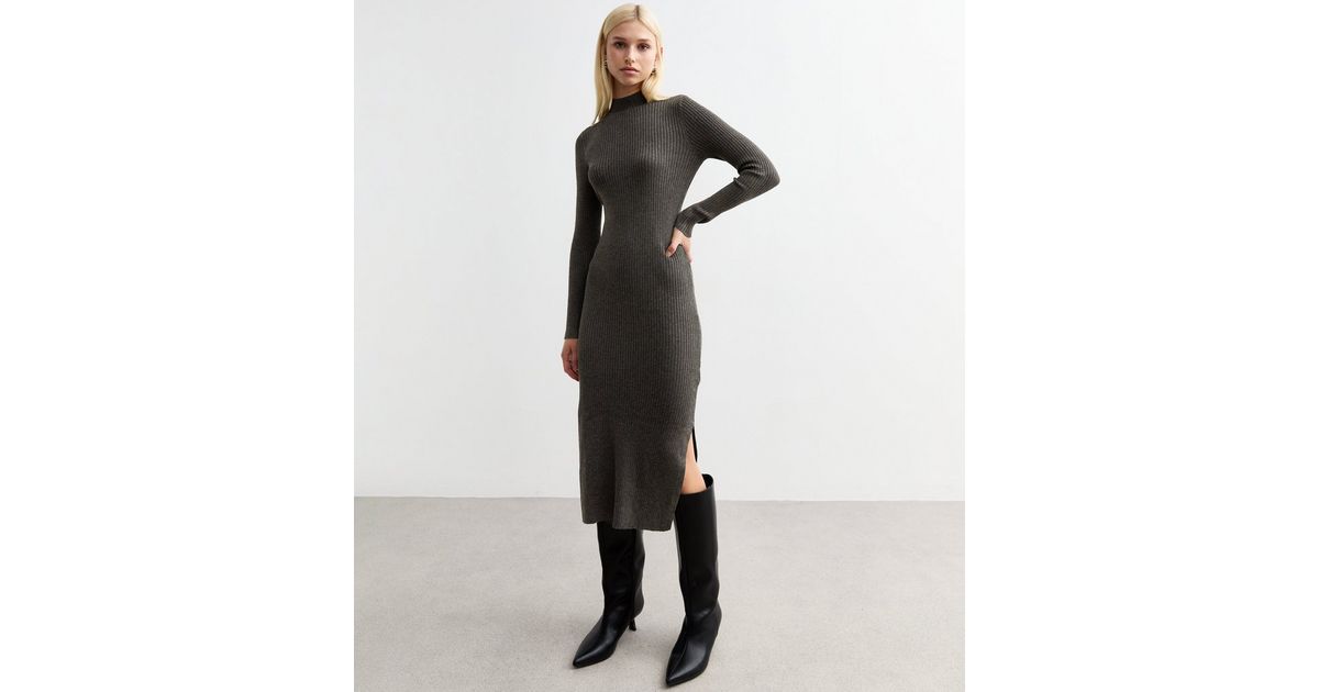 Round Neck Rib Knitted Midi Dress Dark Grey Melange