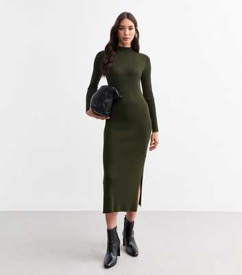 Khaki Rib Knit High Neck Midi Dress