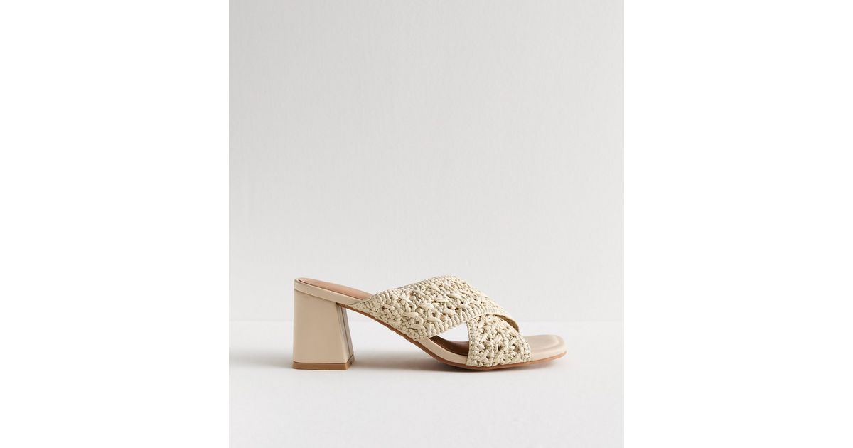Off White Raffia Crochet Cross Strap Block Heel Mules | New Look