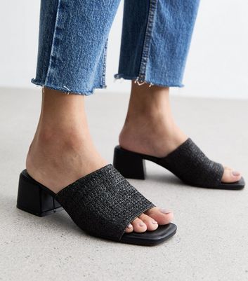 Black Raffia Low Block Heel Mules New Look