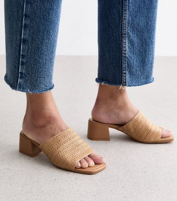 Brown Raffia Low Block Heel Mules New Look