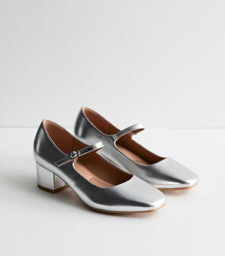 Silver Metallic Block Heel Court Shoes
