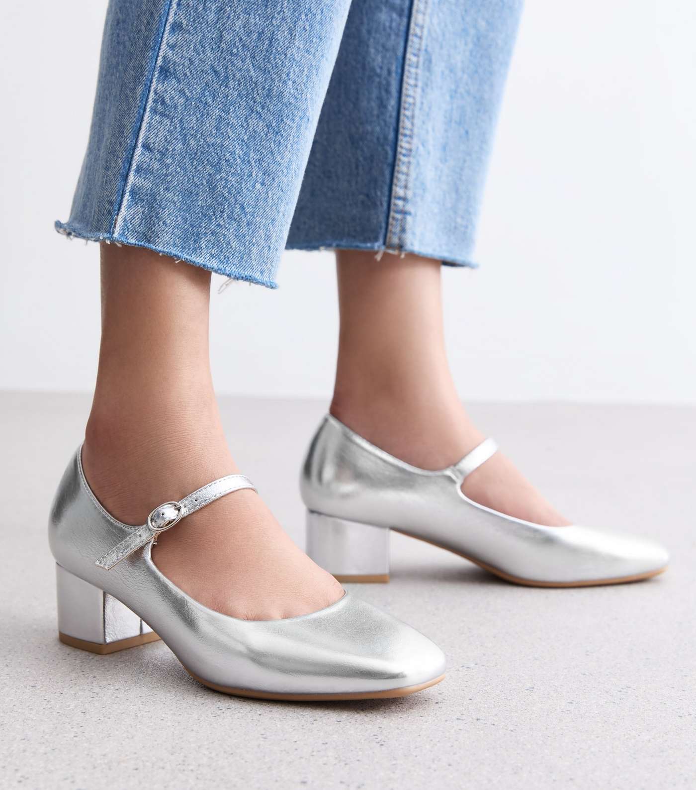 Silver Metallic Block Heel Court Shoes Image 2