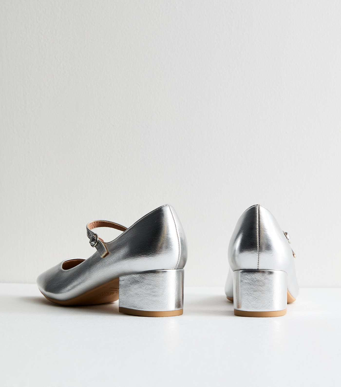 Silver Metallic Block Heel Court Shoes Image 4