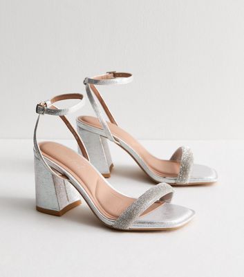 Wide Fit Silver Diamante 2 Part Block Heel Sandals