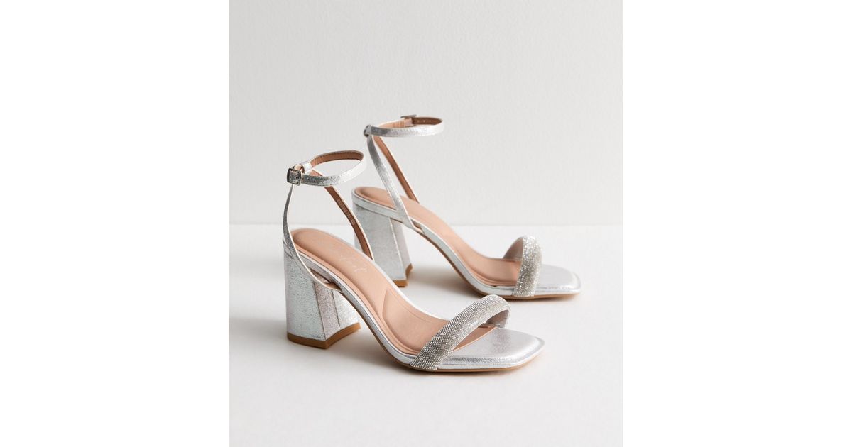 Wide Fit Silver Diamanté Part Block Heel Sandals New Look