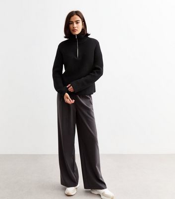 Black Ribbed Half Zip Knit Jumper | New Look