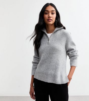 Grey Ribbed Half Zip Knit Jumper New Look