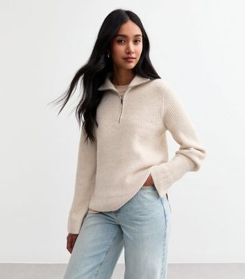 Cream Ribbed Half Zip Knit Jumper