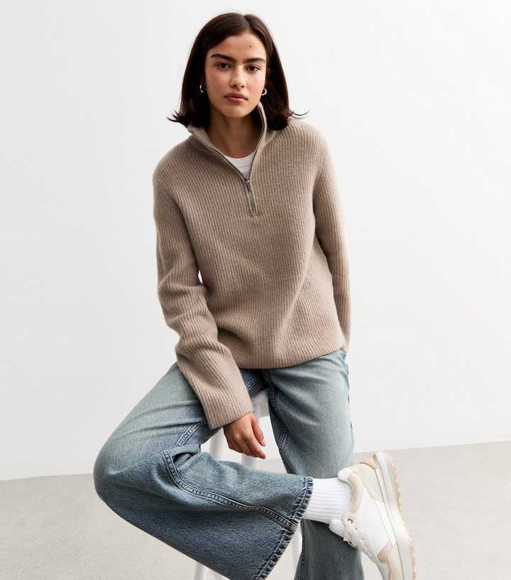 Mink Ribbed Half Zip Knit Jumper