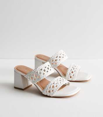 Wide Fit White Woven Leather Look Block Heel Mules 