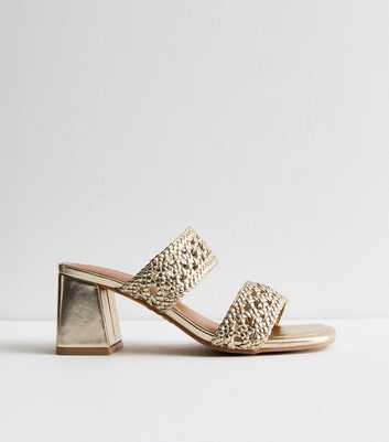 Wide Fit Gold Woven Leather Look Block Heel Mules 