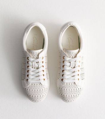 White Laser Cut Chunky Trainers New Look