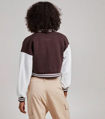 Pink Vanilla Dark Brown Contrast Sleeve Baseball Jacket New Look