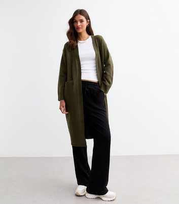 Khaki Open Front Midi Cardigan