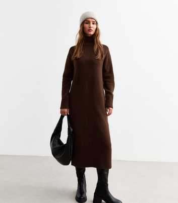 Brown Knit High Neck Midi Dress