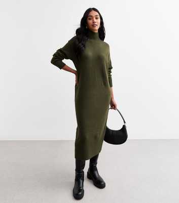 Khaki Knit High Neck Midi Dress