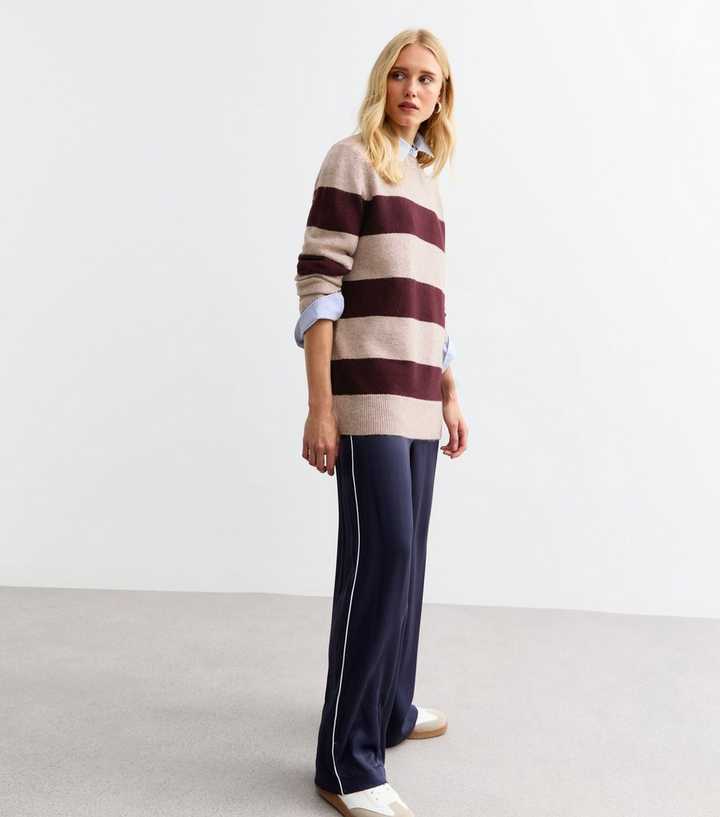 Burgundy Wide Stripe Crew Neck Long Jumper