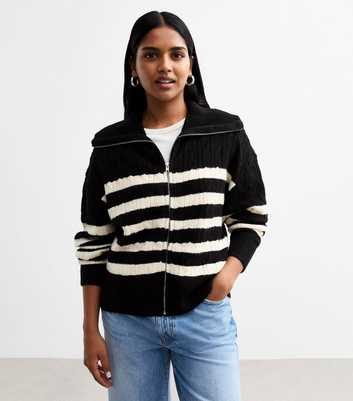 Petite Black Striped Wide Collar Zip Cardigan