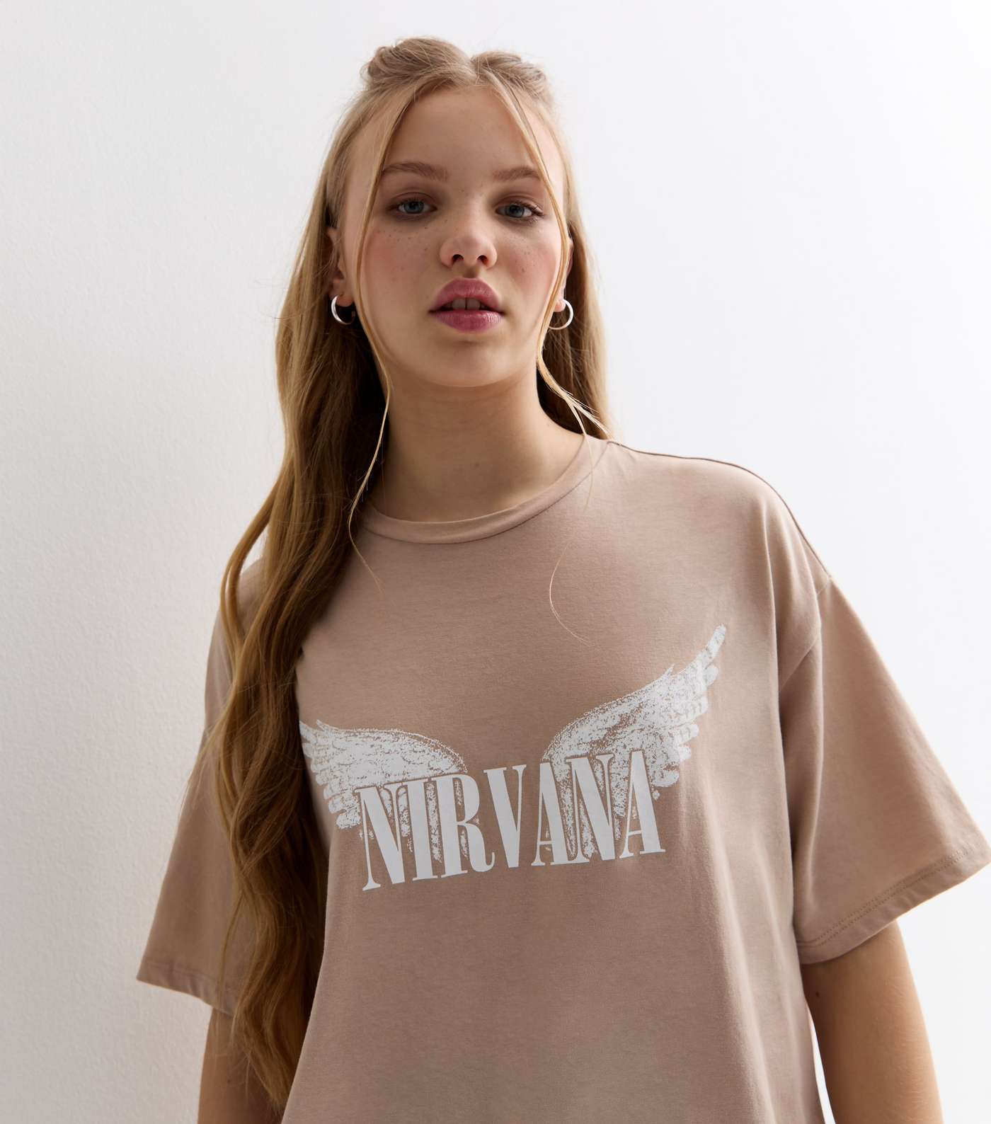 Girls Camel Cotton Nirvana Logo Longline T-Shirt Image 2