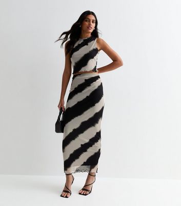 Black Diagonal Stripe Mesh Midi Skirt New Look