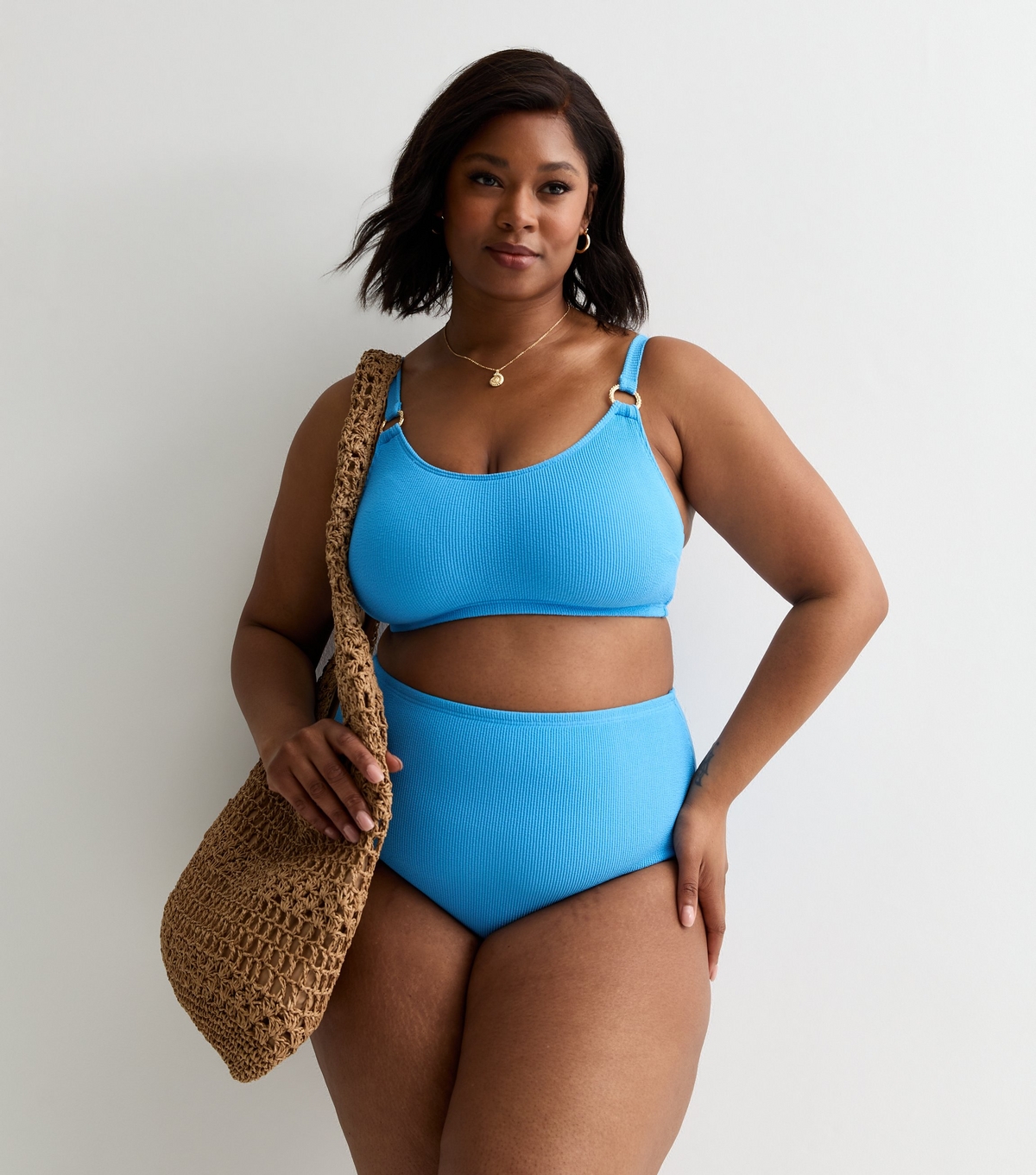 Women's Plus Size Blue Ring Detail Crinkle Cropped Bikini Top Curves New Look