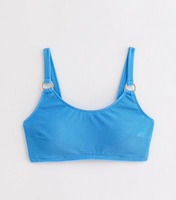 Curves Blue Ring Detail Crinkle Cropped Bikini Top New Look