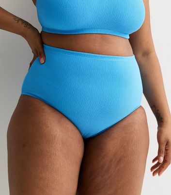 Curves Bright Blue Crinkle Texture High Waist Bikini Bottoms