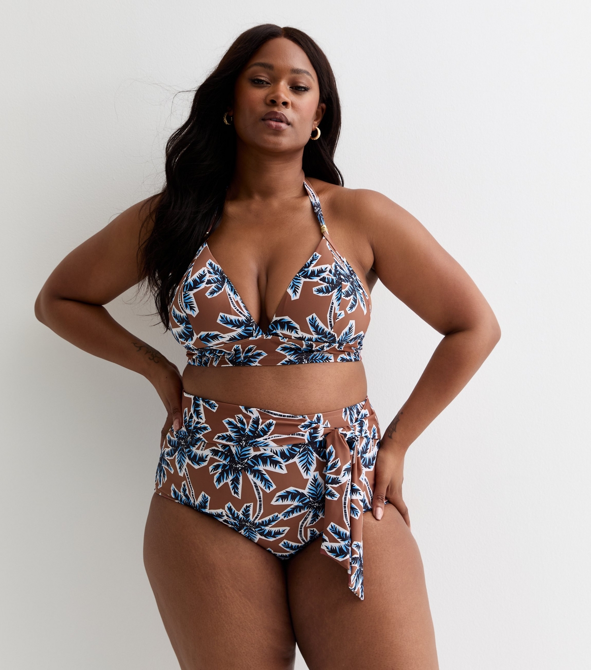 Women's Plus Size Brown Palm Tree Print Halterneck Bikini Top Curves New Look