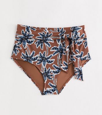 Curves Brown Palm Tree-Print High Waist Bikini Bottoms New Look