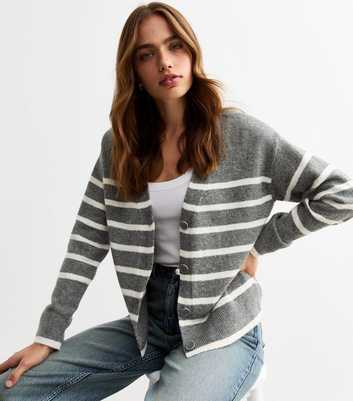 Grey Striped Button Up Knitted Cardigan