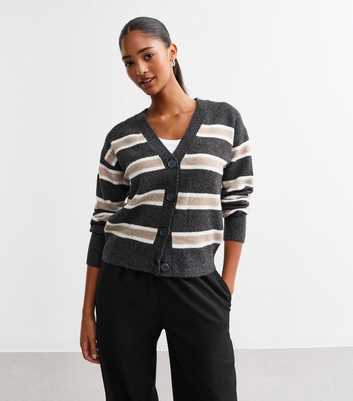 Grey Striped V-Neck Cardigan