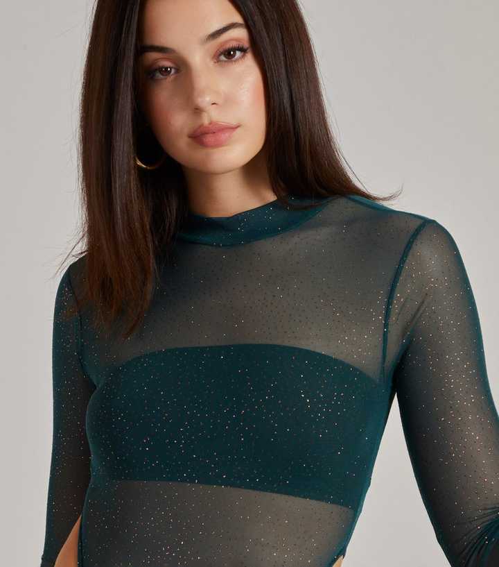  Womens Glitter Bodysuit Long Sleeve See Through