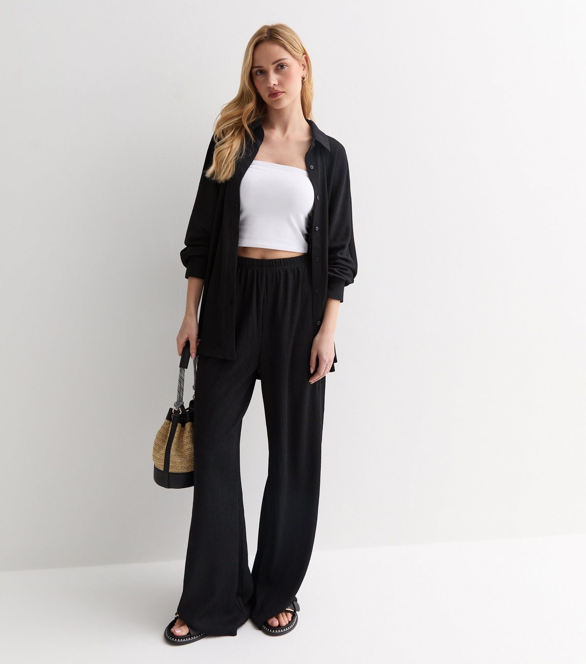 Women's Black Crinkle Wide Leg Trousers Gini London New Look