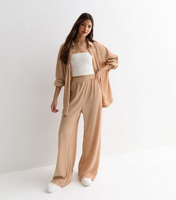 Gini London Camel Crinkle Wide Leg Trousers New Look